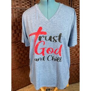 Trust God and Chill Blue Heathered V-Neck Graphic T-Shirt Women Christian